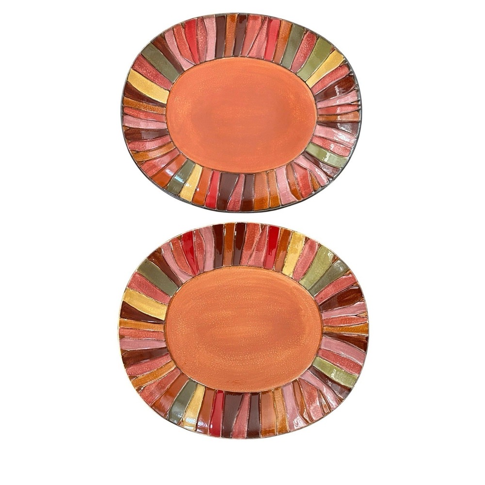 Pier 1 Imports Dinner Plates Wavy Stripe‎ Oval Stoneware Set Of 2 Discontinued